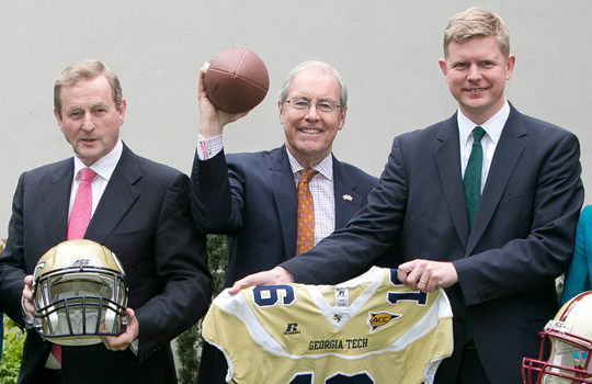 The Taoiseach, Mr Enda Kenny, T.D., the U.S Ambassador to Ireland, H.E. Kevin O'Malley, and Mr Shane Stephens at the announcement of the upcoming Georgia Tech-Boston College football classic in Dublin © Fennells