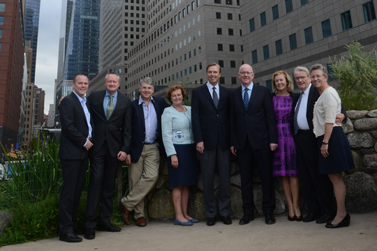 L-R: Kevin McCabe, Battery Park; Danny McDonnell, business owner in Battery Park; Niall Burgess, Secretary General, D/Foreign Affairs & Trade; Barbara Jones, Consul General; Dr John Lahey, President Quinnipiac University; Minister Flanagan; Anne Anderson, Ambassador; Adrian Flannelly, broadcaster; Lynn Bushnell, Vice President, Public Affairs, Quinnipiac University