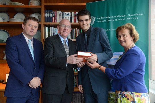 L-R: George Heslin, Artistic Director, Origin Theatre; Minister Flanagan; Yeats150 emerging playwright competition winner, Thomas Burns Scully; Barbara Jones, Consul General of Ireland
