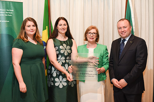 Minister Jan O’Sullivan officially opened the Consulate General of Ireland in São Paulo on St. Patrick’s Day during her visit to Brazil. (L-R) Vice Consul Ciara Gilvarry, Consul General Sharon Lennon, Minister for Education and Skills, Jan O’Sullivan T.D. and Ambassador of Ireland in Brazil Brian Glynn. Credit: Túlio Vidal