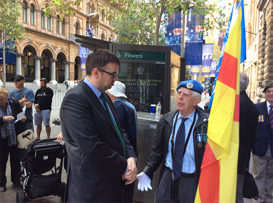 Vice Consul Jonathan Patchell at the ANZAC Parade - 25 April, Sydney. Photo courtesy of the United Irish Ex-Services Association of Australia.