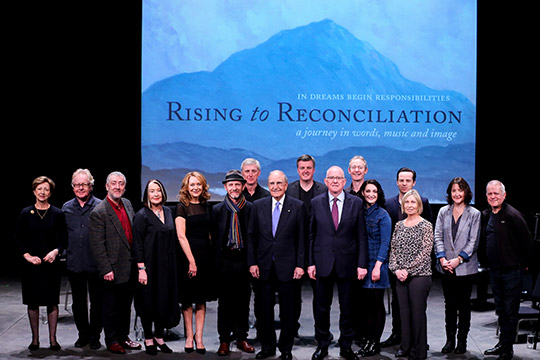 PIC SHOWS US Senator George Mitchell and  Minister for Foreign Affairs and Trade, Charlie Flanagan TD pictured with the cast on stage at the State Ceremonial event at the Abbey Theatre, on the 18th Anniversary of the Good Friday Agreement.

PIC: NO FEE, MAXWELLPHOTOGRAPHY.IE