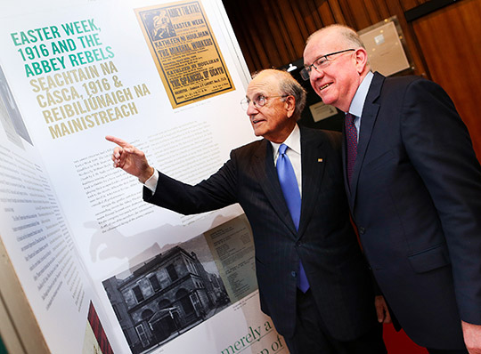 PIC SHOWS (l to r) US Senator George Mitchell and Minister for Foreign Affairs and Trade, Charlie Flanagan TD pictured at the State Ceremonial event at the Abbey Theatre, on the 18th Anniversary of the Good Friday Agreement.
PIC: NO FEE, MAXWELLPHOTOGRAPHY.IE
