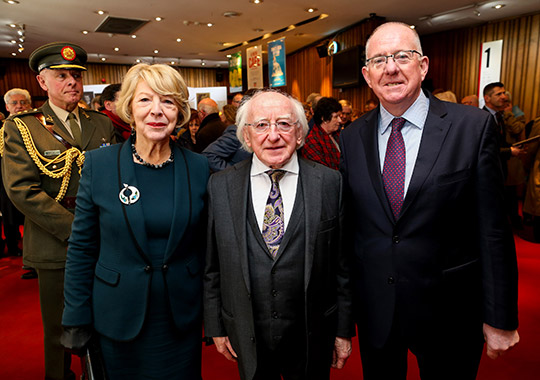 Minister for Foreign Affairs and Trade, Charlie Flanagan TD with President Micheal D. Higgins and his wife Sabina (l) at the State Ceremonial event at the Abbey Theatre, on the 18th Anniversary of the Good Friday Agreement.

PIC: NO FEE, MAXWELLPHOTOGRAPHY.IE