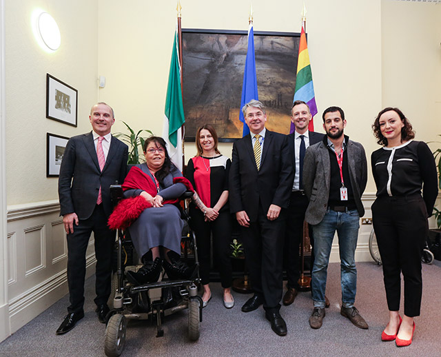 L to R: Ambassador to Poland, Gerard Keown, Rosaleen McDonagh, Senator Lynn Ruane, Secretary General Niall Burgess, Owen Feeney, Pablo Rojas Coppari and Caoimhe Ní Chonchúir at the inaugural Equality and Diversity workshop held in the Ballroom of Iveagh House, April 2017.