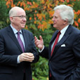 IRISH GOVERMENT ISSUE PICTURE - Irish Foreign Minister, Charlie Flanagan, TD, (left) and US Senator Gary Hart, chat after  their official breakfast meeting in Belfast,ahead of Political talks at Belfast today.Picture Paul Faith
