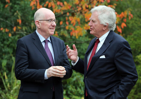 IRISH GOVERMENT ISSUE PICTURE - Irish Foreign Minister, Charlie Flanagan, TD, (left) and US Senator Gary Hart, chat after  their official breakfast meeting in Belfast,ahead of Political talks at Belfast today.Picture Paul Faith
