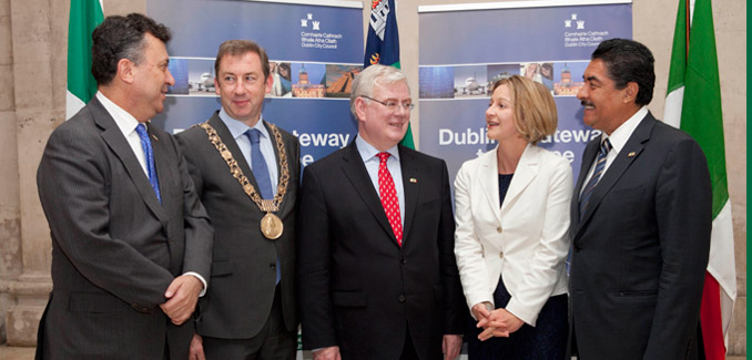 Pictured is, from left, Mexican Ambassador to Ireland, Carlos Garcia De Alba, Dublin’s Lord Mayor Oisin Quinn, Tainaiste & Minister for Foreign Affairs Eamon Gilmore TD, H.E. Sonja Hyland, Irish Ambassador to Mexico and Ramiro Hernandez, Mayor of Guadalajara on the first day of the Mexico-Dublin Business Conference which runs from the 1-2 May.