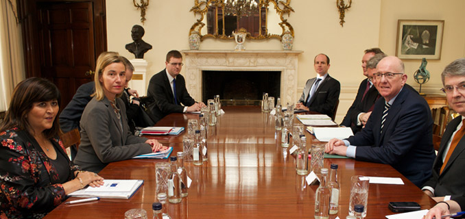 **** NO REPRODUCTION FEE **** Iveagh House, Department of Foreign Affairs and Trade: 12/01/2015: Minister for Foreign Affairs and Trade, Charlie Flanagan, TD, with Federica Mogherini, the EU High Representative for Foreign Affairs and Vice-President of the European Commission. Photo - Lensmen Photography