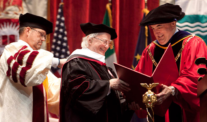 Visit to Chicago, Illinois & Bloomington, Indiana, USA by The President of Ireland and Sabina Higgins. Pictured at Indiana University, Bloomington receiving an Honorary Degree is President Higgins and President of Indiana University, President McRobbie. Picture by Shane O'Neill / Copyright Fennell Photography 2014.