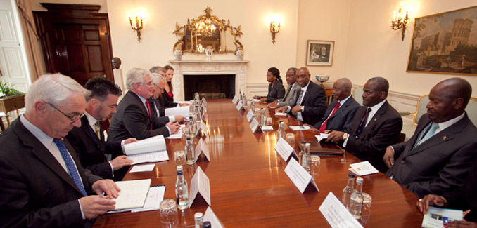 Pictured is President of the Republic of Mozambique Mr Armando Emilio Guebuza meeting with An Tanaiste, Mr. Eamon Gilmore, T.D at Iveagh House during President Guebuza's 4 day state visit to Ireland from the 3rd to the 6th of June .Photo Chris Bellew / Copyright Fennell Photography 2014