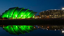 The Clyde Auditorium, known as 'The Armadillo' coloured green for St. Patrick's Day