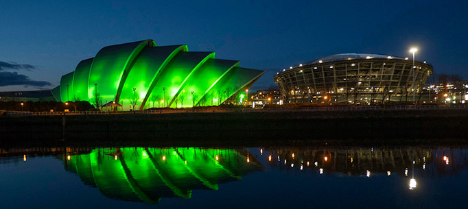 The Clyde Auditorium, also known as 'The Armadillo' lit up green for St. Patrick's Day