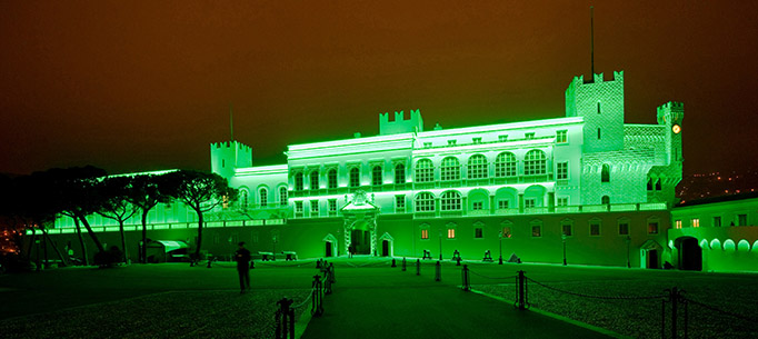 The Princes Palace in Monaco lit green at night to celebrate St Patrick's Day