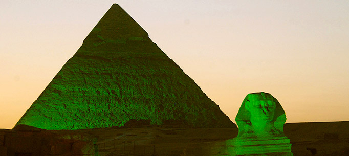 Pyramids in green lighting for St. Patrick's Day 2013