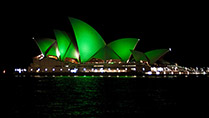 Sydney Opera House in green lighting for St. Patriacks Day