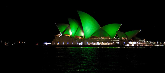 Sydney Opera House in green lighting for St. Patriacks Day