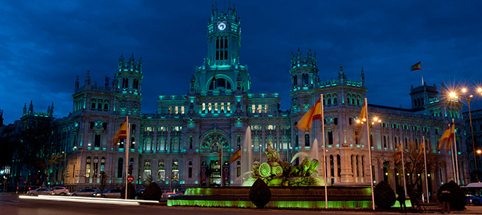 Cibeles Palace Madrid in green lighting for St. Patricks Day 2013 
