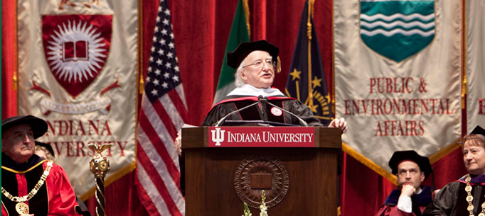 Visit to Chicago, Illinois & Bloomington, Indiana, USA by The President of Ireland and Sabina Higgins.
Pictured at Indiana University, Bloomington is President Higgins receiving an Honorary Degree.Picture by Shane O'Neill / Copyright Fennell Photography 2014.