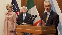Visit to Chicago, Illinois & Bloomington, Indiana, USA by The President of Ireland and Sabina Higgins.
Pictured is Mayor of Chicago, Rahm Emanuel, Sabina Higgins and President Higgins.Picture by Shane O'Neill / Copyright Fennell Photography 2014.