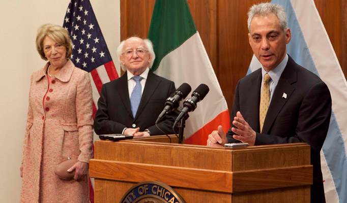 Visit to Chicago, Illinois & Bloomington, Indiana, USA by The President of Ireland and Sabina Higgins.
Pictured is Mayor of Chicago, Rahm Emanuel, Sabina Higgins and President Higgins. Picture by Shane O'Neill / Copyright Fennell Photography 2014.