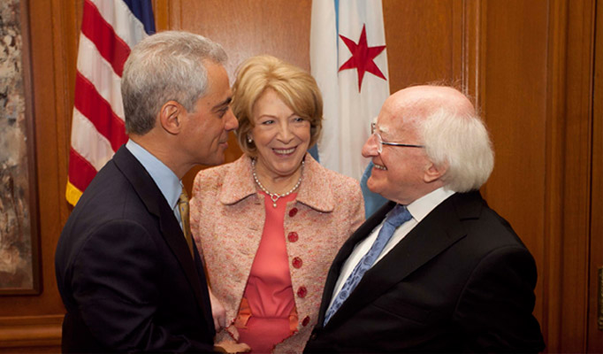 Visit to Chicago, Illinois & Bloomington, Indiana, USA by The President of Ireland and Sabina Higgins.
Pictured is Mayor of Chicago, Rahm Emanuel, Sabina Higgins and President Higgins.Picture by Shane O'Neill / Copyright Fennell Photography 2014.