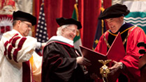 Pictured at Indiana University, Bloomington receiving an Honorary Degree is President Higgins and President of Indiana University, President McRobbie. Picture by Shane O'Neill / Copyright Fennell Photography 2014.