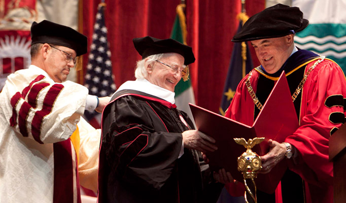 Pictured at Indiana University, Bloomington receiving an Honorary Degree is President Higgins and President of Indiana University, President McRobbie.Picture by Shane O'Neill / Copyright Fennell Photography 2014.