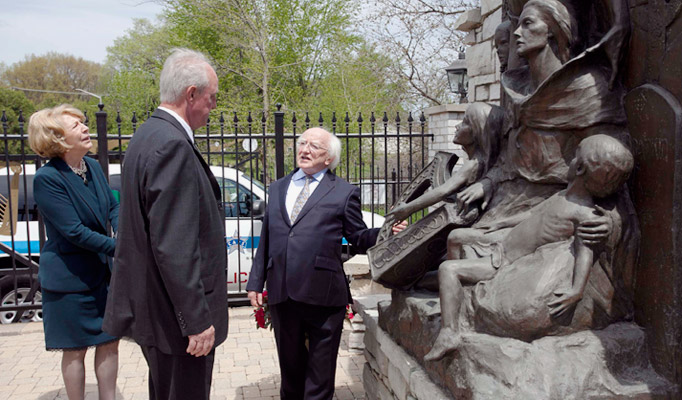 Pictured is Sabina Higgins, President Higgins and John Devitt, President of Gaelic Park at a Famine Memorial in Gaelic Park, Chicago. Picture by Shane O'Neill / Copyright Fennell Photography 2014.