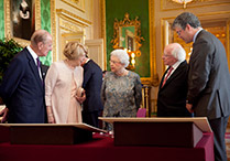 Pictured is President of Ireland Michael D Higgins and his wife Sabina with Her Majesty Queen Elizabeth II and the Duke of Edinburgh with Oliver Urquhart Irvine Royal Collection Trust librarian, viewing a display of Irish Items from the Royal Collection in the Green Drawing Room in Windsor Castle on the first official day of the Presidents 5 day State Visit to the United Kingdom. 