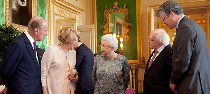 Pictured is President of Ireland Michael D Higgins and his wife Sabina with Her Majesty Queen Elizabeth II and the Duke of Edinburgh with Oliver Urquhart Irvine Royal Collection Trust librarian, viewing a display of Irish Items from the Royal Collection in the Green Drawing Room in Windsor Castle on the first official day of the Presidents 5 day State Visit to the United Kingdom. 