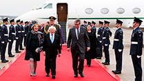 President Michael D Higgins and his Wife Sabina with Viscount Henry Hood, Lord-in-Waiting to Her Majesty Queen Elizabeth II, who greeted the President on behalf of the Queen, at London Heathrow Airport