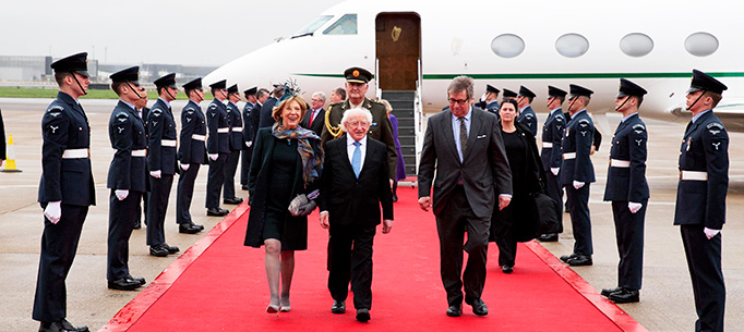 President Michael D Higgins and his Wife Sabina with Viscount Henry Hood, Lord-in-Waiting to Her Majesty Queen Elizabeth II, who greeted the President on behalf of the Queen, at London Heathrow Airport