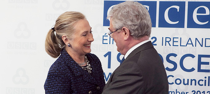 An Tanaiste Eamon Gilmore greeting US Secretary of State Hilary Clinton at the start of the 19th OSCE Ministerial Council Meeting Dublin.