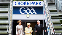 Her Majesty Queen Elizabeth II pictured at Croke Park on their State Visit to Ireland with President Mary McAleese  and Christy Cooney ,President of the Gaelic Athletic Assocation.
