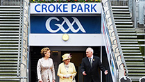 Her Majesty Queen Elizabeth II pictured at Croke Park on their State Visit to Ireland with President Mary McAleese  and Christy Cooney ,President of the Gaelic Athletic Assocation.
