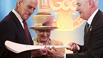 Her Majesty Queen Elizabeth II and His Royal Highness The Duke of Edinburgh pictured at Croke Park in Dublin, where they were presented with a Hurley and sliotar by the President of the GAA, Christy Cooney.