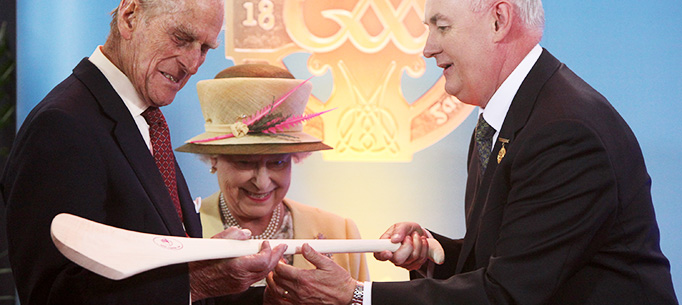 Her Majesty Queen Elizabeth II and His Royal Highness The Duke of Edinburgh pictured at Croke Park in Dublin, where they were presented with a Hurley and sliotar by the President of the GAA, Christy Cooney.