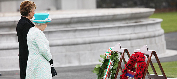 The Queen and President Mary McAleese lay wreaths at the Irish War Memorial