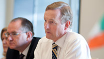 An Taoiseach Enda Kenny, Prime Minister of Ireland, speaks with John Hinshaw Executive Vice President of Technology & Operations for Hewlett Packard at the company's headquarters office in Palo Alto, California on June 05, 2014