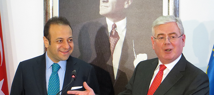 The T&aacute;naiste pictured here at a press conference with Turkish Minister for EU Affairs, Egemen Bagiș.