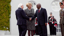 1.	President of the Republic of Mozambique Mr Armando Emilio Guebuza being welcomed by The President of Ireland, Michael D Higgins and his wife Sabina Higgins at Aras an Uachtarain during President Guebuza's 4 day state visit to Ireland from the 3rd to the 6th of June .Photo Chris Bellew / Copyright Fennell Photography 2014
