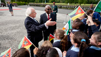 4.	President of the Republic of Mozambique Mr Armando Emilio Guebuza with The President of Ireland, Michael D Higgins meeting children from Our Ladyswell Primary School Mulhuddart at Aras an Uachtarain during President Guebuza's 4 day state visit to Ireland from the 3rd to the 6th of June .Photo Chris Bellew / Copyright Fennell Photography 2014