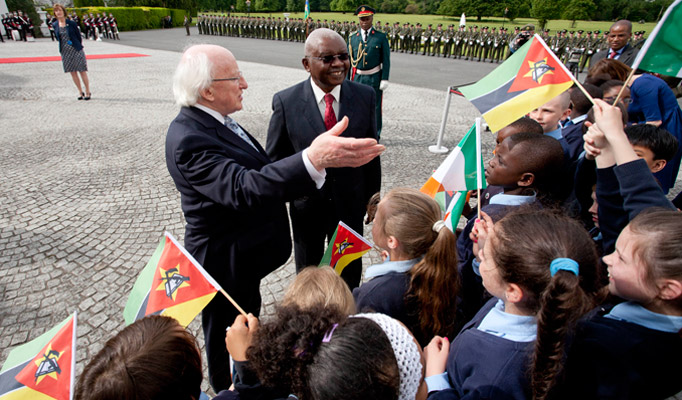 4.	President of the Republic of Mozambique Mr Armando Emilio Guebuza with The President of Ireland, Michael D Higgins meeting children from Our Ladyswell Primary School Mulhuddart at Aras an Uachtarain during President Guebuza's 4 day state visit to Ireland from the 3rd to the 6th of June .Photo Chris Bellew / Copyright Fennell Photography 2014