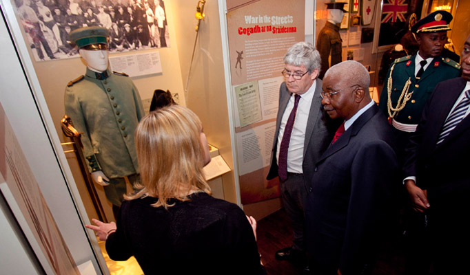 Pictured is Siobhan Pierce , Education officer and Specialist in Irish Military History with President of the Republic of Mozambique Mr Armando Emilio Guebuza and Mr Raghnall O Floinn, Director of the National Museum of Ireland on a visit to Collins Barracks Photo Chris Bellew / Copyright Fennell Photography 2014