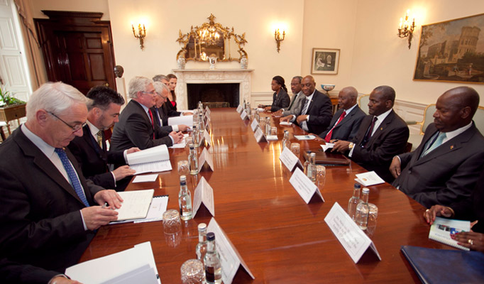 Pictured is President of the Republic of Mozambique Mr Armando Emilio Guebuza meeting with An Tanaiste, Mr. Eamon Gilmore, T.D at Iveagh House during President Guebuza's 4 day state visit to Ireland from the 3rd to the 6th of June .Photo Chris Bellew / Copyright Fennell Photography 2014