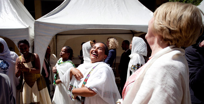 Pictured is President Michael D Higgins's wife Sabina taking part in a traditional dance ceremomy at the  'Women in Sustainable Employment' (WISE) centre &ndash;  Supported by Trocaire, in Addis Ababa in Ethiopia on the second day of the Presidents 22 day official visit to Ethiopia, Malawi and South Africa.Photo Chris Bellew / Fennell Photography 2014