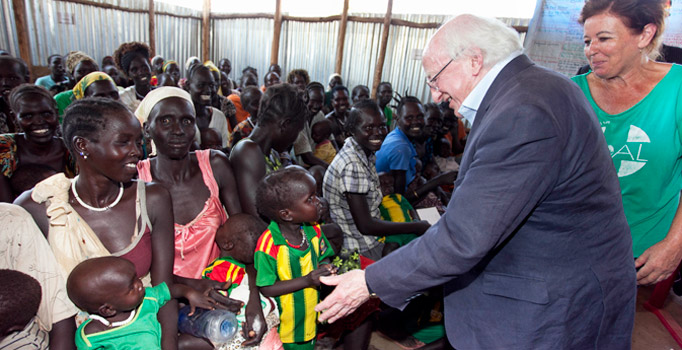Pictured is President Michael D Higgins with Mary T Murphy, GOAL Refugee Programme Manager meeting some refugees during a visit to the GOAL Nutrition Centre, Tierkadi Refugee Camp in the Gambella Region in Ethiopia on the third day of the Presidents 22 day official visit to Ethiopia, Malawi and South Africa. Photo Chris Bellew /.Photo Chris Bellew / Fennell Photography 2014