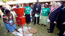 Pictured is President Michael D Higgins and his wife Sabina during a visit to the International Crops Reserch Institute for Semi-Arid Tropics (ICRISAT) viewing a groundnut shelling machine in Malawi Photo Chris Bellew /Photography 2014