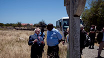 Pictured is President Michael D Higgins with Thulani Mabaso , a political prisioner at Robben Island from 86-91, viewing the Irish Cross erected in the Irish Village to comemorate the Irish who worked in the Leper Colony on Robben Island, Cape Town, on the nineteenth day of the Presidents 22 day official visit to Ethiopia, Malawi and South Africa.Photo Chris Bellew / Fennell Photography 2014